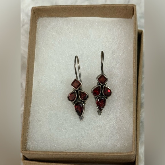 Red and Silver Dangle Earrings with Vintage Design - Picture 1 of 3